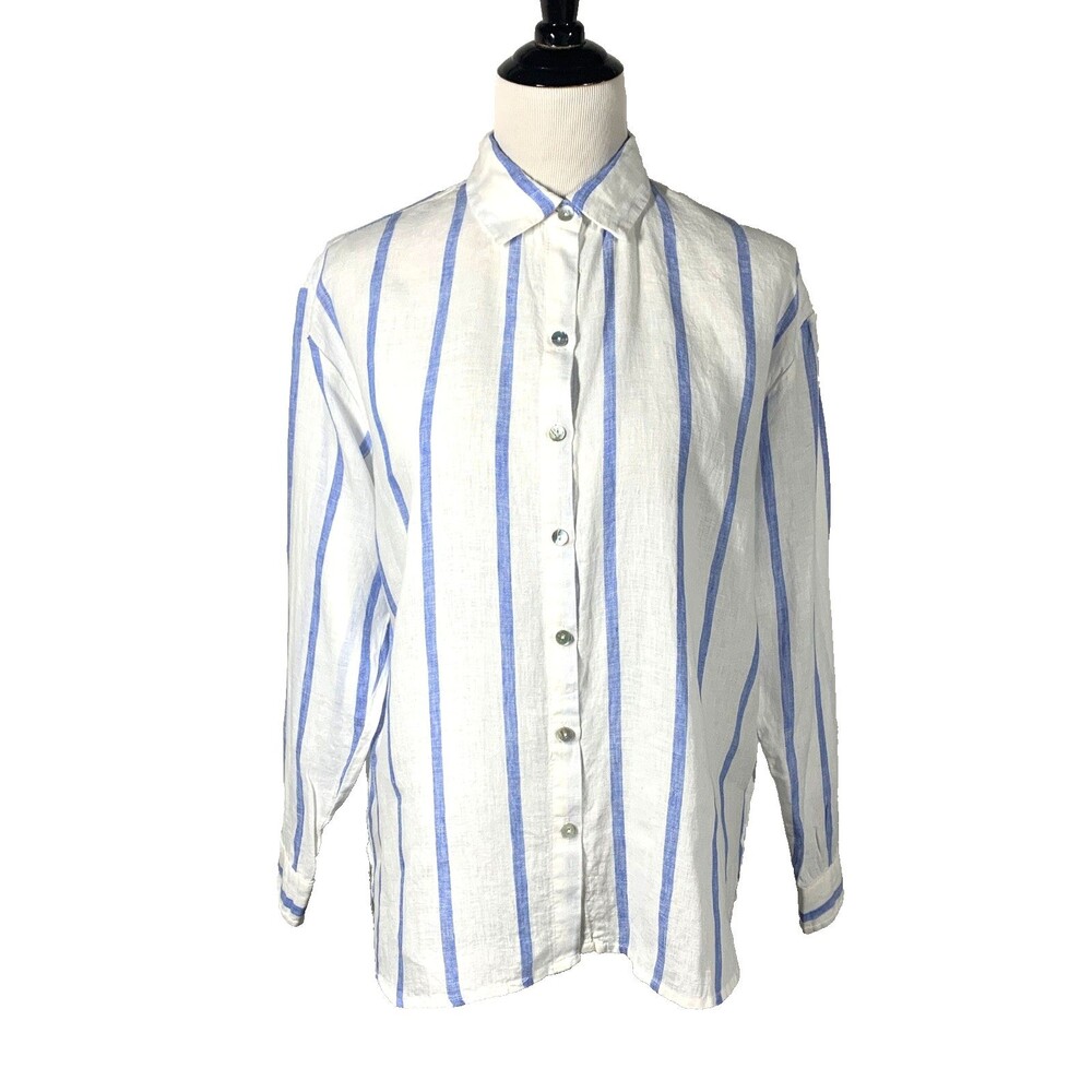 Magaschoni Linen Striped Button Up Shirt XS Oversized Blue White Coastal Top